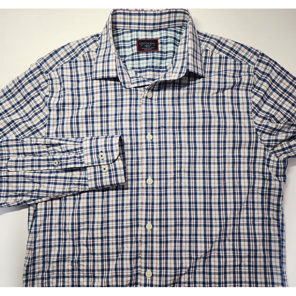 Untuckit Mens Size M Long Blue/Pink Plaid Long Sleeve Button Shirt